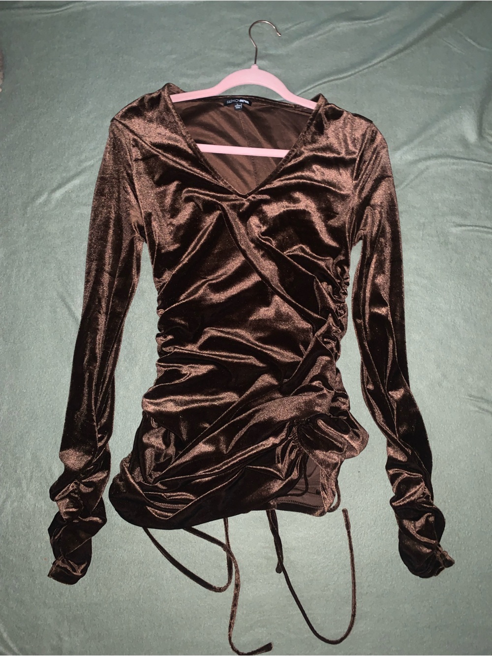 Fashion Nova Brown Velvet Ruched Long Sleeve Top